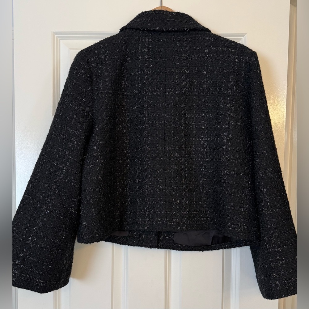 Hill House Tweed Blazer Jacket Medium Black Cropped Button up Chic Classic - Picture 2 of 8